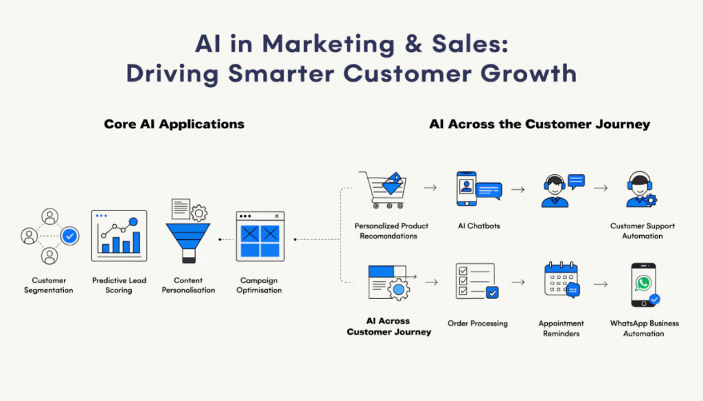 Modern infographic illustrating AI in marketing and sales, featuring customer segmentation, predictive lead scoring, AI chatbots, campaign optimisation, personalized marketing, and real-time business analytics.