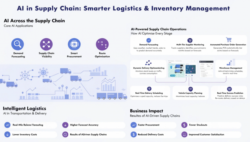 Modern infographic illustrating AI in supply chain management, featuring demand forecasting, procurement automation, warehouse management, logistics optimization, inventory intelligence, fulfillment networks, and AI-powered delivery analytics.