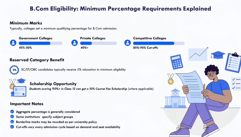 Infographic explaining B.Com eligibility percentage requirements, including minimum marks for government and private colleges, competitive cut-offs, category relaxation, scholarships, and aggregate score rules.
