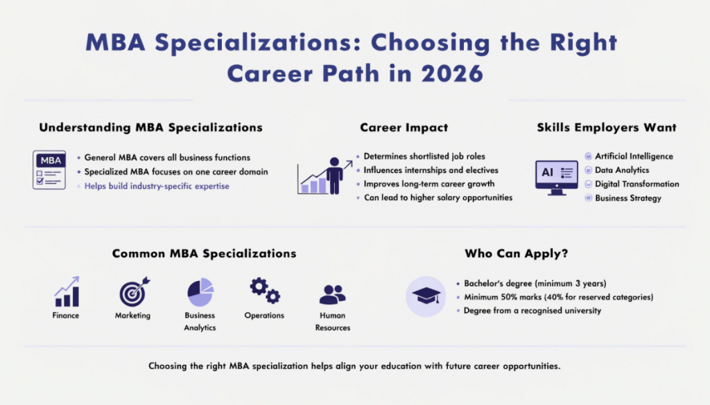 Infographic explaining MBA specializations, popular specialization options, career benefits, 2026 industry trends, and basic eligibility criteria in a clean light-themed design.