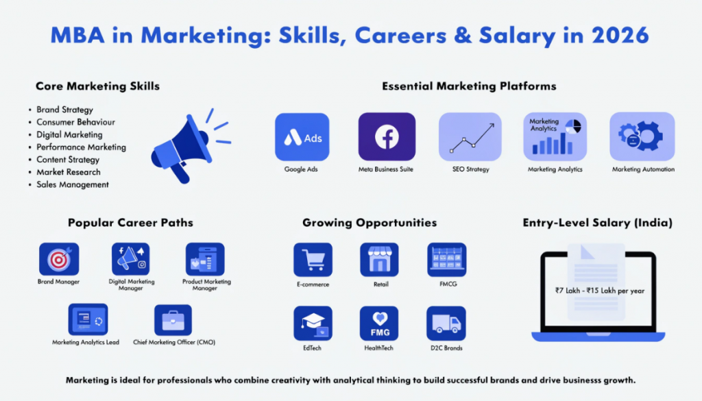 Infographic explaining MBA in Marketing with core skills, digital marketing tools, career opportunities, industry demand, and salary outlook in a modern light-themed design.