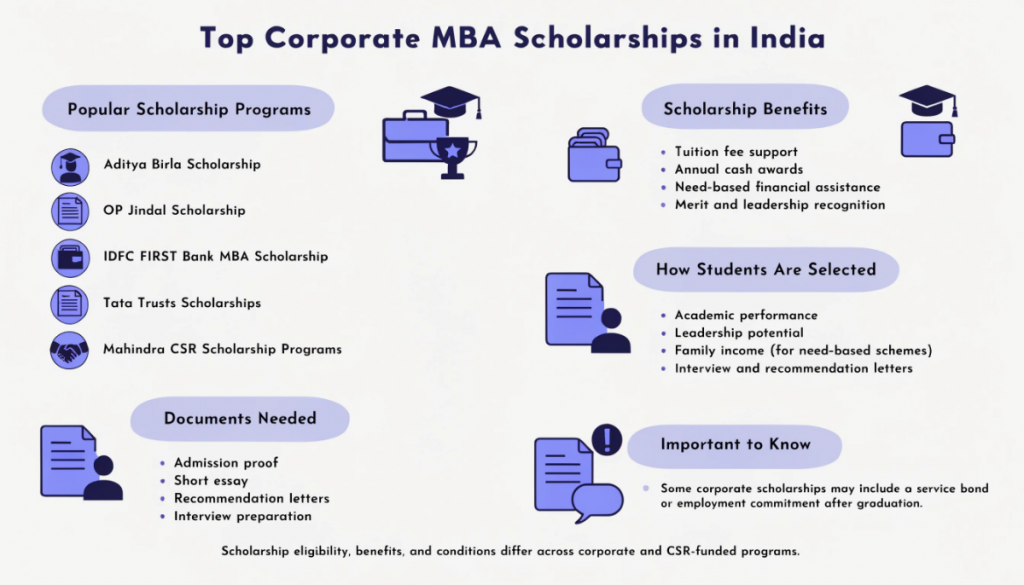 Infographic explaining top corporate MBA scholarships in India, covering scholarship benefits, eligibility, application requirements, and service bond conditions in a clean light-themed design.