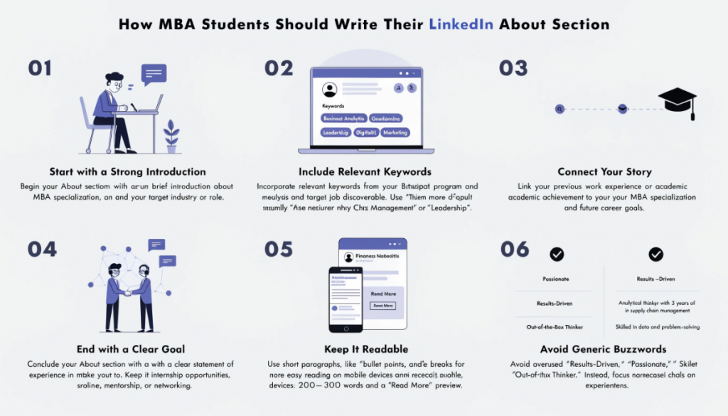 Infographic explaining how MBA students can write an effective LinkedIn About section with a strong introduction, relevant keywords, career story, networking goals, and readable formatting.