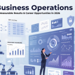 Featured illustration showing AI in business operations with an operations manager using AI-powered dashboards for supply chain management, manufacturing, customer service, finance, automation, predictive analytics, and real-time business intelligence.