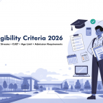 Featured illustration for B.Com Eligibility Criteria 2026 showing a student with admission documents, eligibility checklist, and university admission requirements in a modern educational setting.