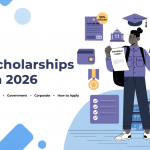 Featured illustration of an MBA student with scholarship documents, tuition fee waiver icons, and academic elements representing MBA scholarships in India in a modern light-themed design.