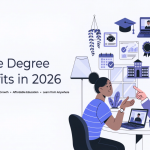 Featured illustration of a student and working professional learning online with a laptop, digital study tools, career growth icons, and academic elements in a modern light-themed design.