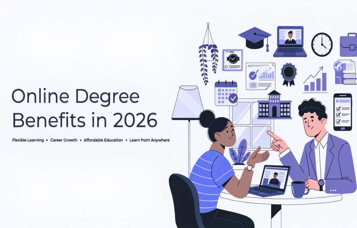 Featured illustration of a student and working professional learning online with a laptop, digital study tools, career growth icons, and academic elements in a modern light-themed design.