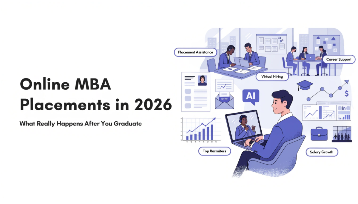 Featured image showing Online MBA placements in 2026, with a graduate attending a virtual interview, recruiter interactions, career support, salary growth, and job opportunities across leading industries.