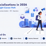 Featured image showing a student choosing between MBA specializations including Finance, Marketing, Business Analytics, Human Resources, and Operations with business-themed illustrations in a modern light-themed design.