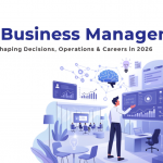 Featured illustration for AI in Business Management showing a business leader using AI-powered dashboards, business intelligence, analytics, automation, finance, HR, marketing, operations, and strategic decision-making in a modern corporate environment.