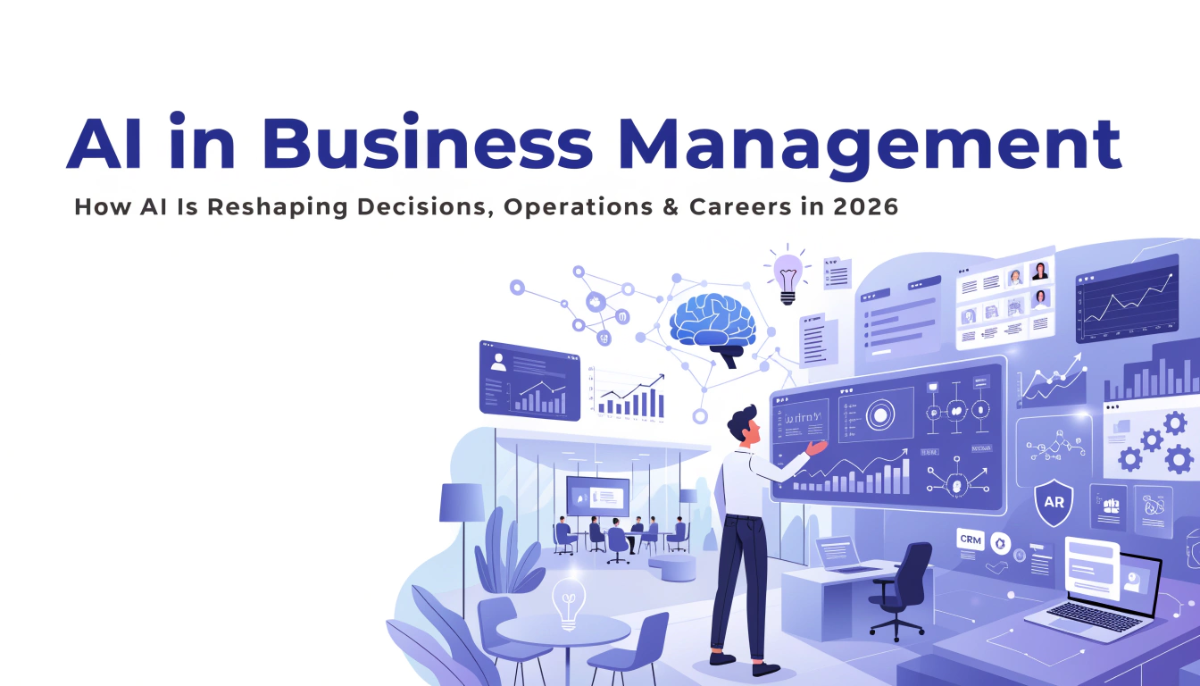 Featured illustration for AI in Business Management showing a business leader using AI-powered dashboards, business intelligence, analytics, automation, finance, HR, marketing, operations, and strategic decision-making in a modern corporate environment.