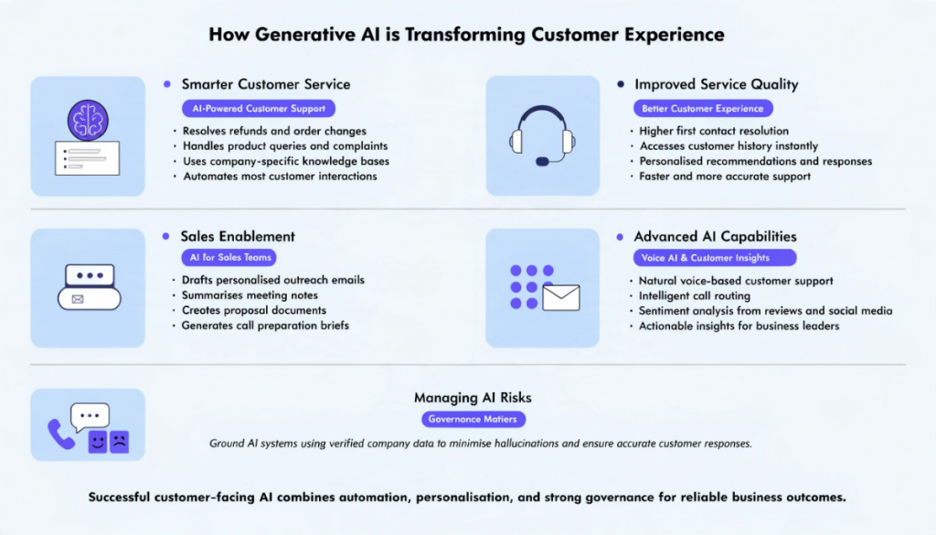 Modern infographic showing how generative AI improves customer service, sales enablement, voice AI, sentiment analysis, and AI governance using a light-themed professional design.