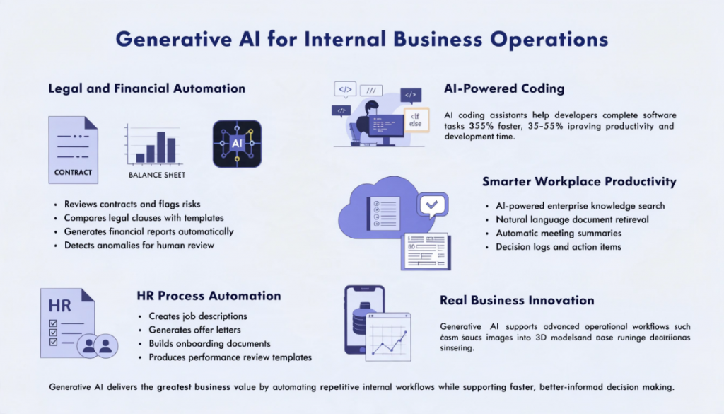 Modern infographic illustrating how generative AI improves legal operations, finance, software development, HR, knowledge management, and workplace productivity with a clean light-themed business design.