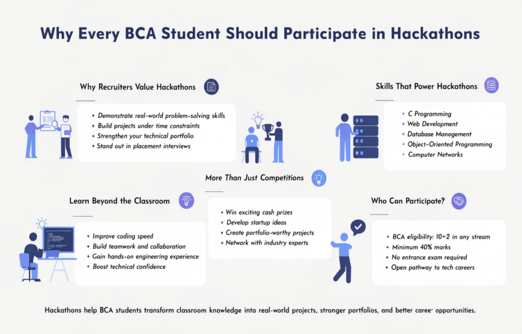 Professional infographic explaining why hackathons are important for BCA students, highlighting career benefits, technical skills, recruiter preferences, project building, and hackathon opportunities in a clean light-themed design.
