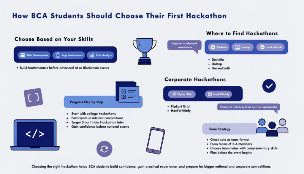 Professional infographic showing how BCA students can choose the right hackathon, featuring beginner-friendly platforms, corporate competitions, team building, and skill-based event selection in a clean light-themed design.