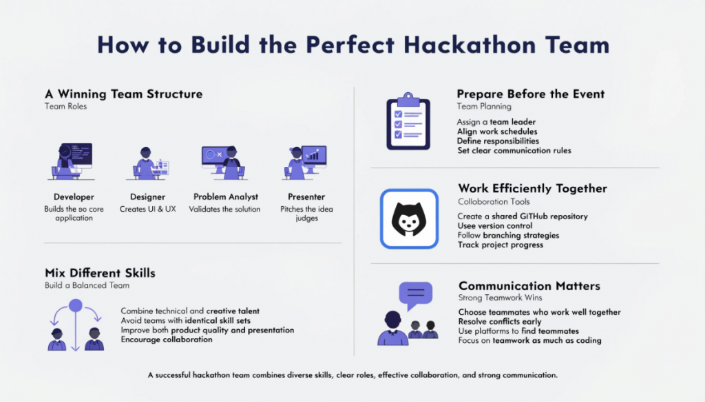 Professional infographic showing how BCA students can build the ideal hackathon team, featuring team roles, collaboration, GitHub workflow, leadership, and communication in a clean light-themed design.