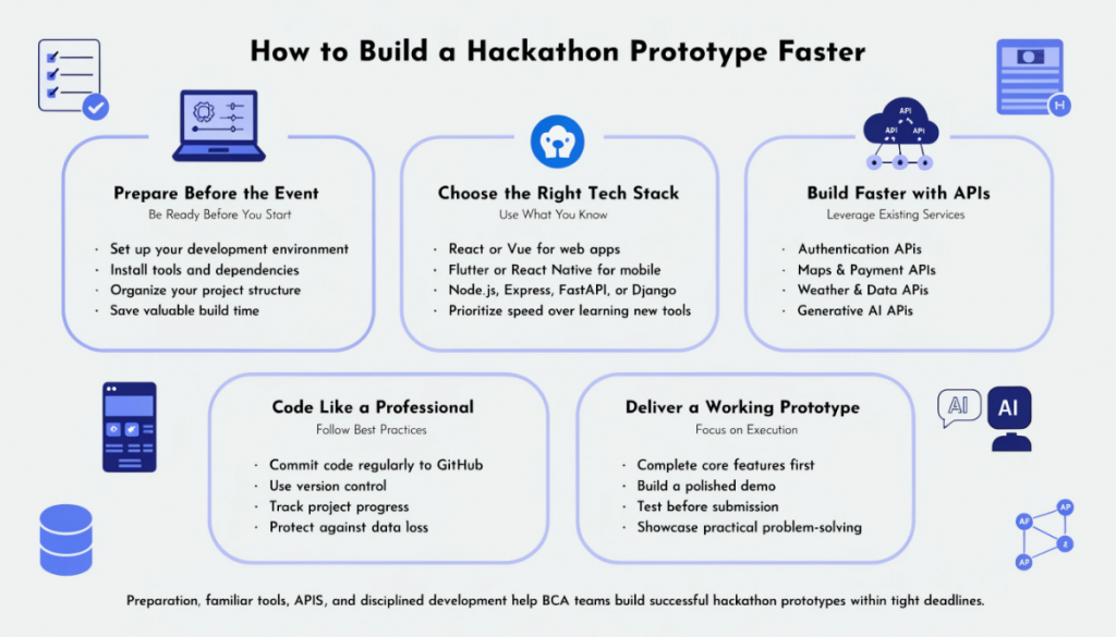 Professional infographic showing how BCA students can build a hackathon prototype quickly using the right tech stack, APIs, GitHub, and efficient development practices in a clean light-themed design.
