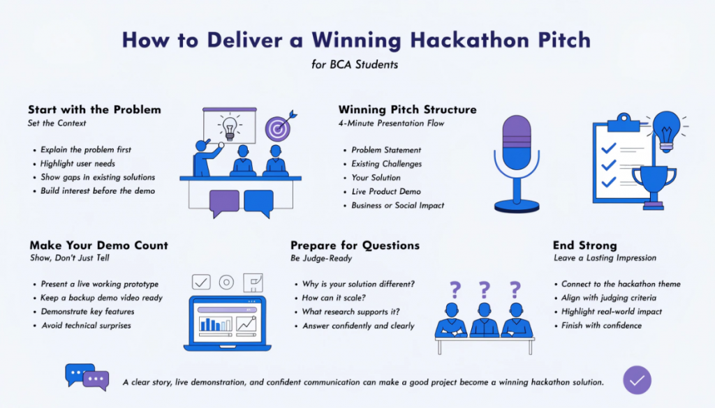 Professional infographic showing how BCA students can deliver a successful hackathon pitch, covering problem presentation, pitch structure, live demo, judge Q&A, and presentation tips in a clean light-themed design.
