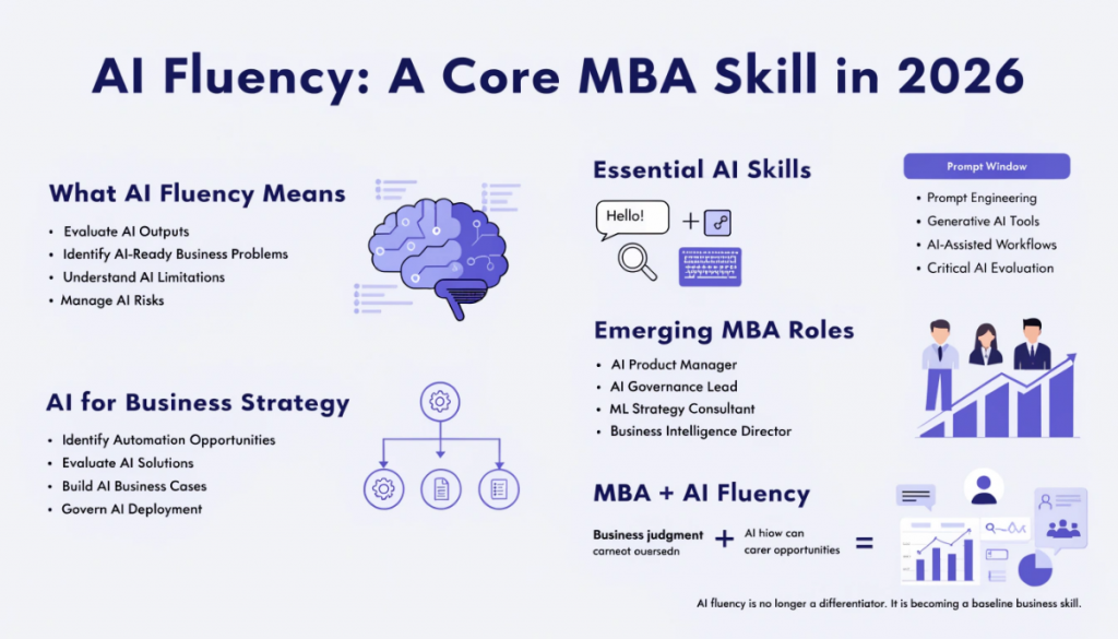 Infographic highlighting AI fluency as a core MBA skill in 2026, covering prompt engineering, generative AI, AI strategy, governance, and emerging AI-focused management roles.