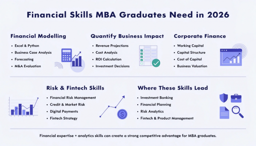 Infographic highlighting essential financial skills for MBA graduates in 2026, including financial modelling, business impact analysis, corporate finance, risk management, fintech, and career opportunities.