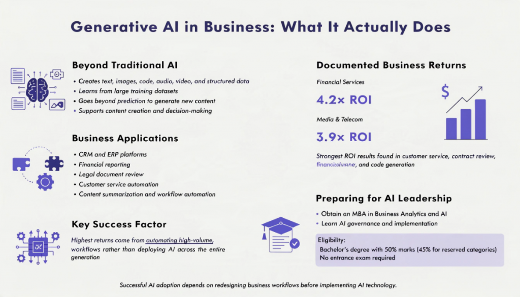 Modern infographic explaining how generative AI is used in business, highlighting business applications, ROI across industries, workflow optimisation, and AI leadership skills in a light-themed professional design.