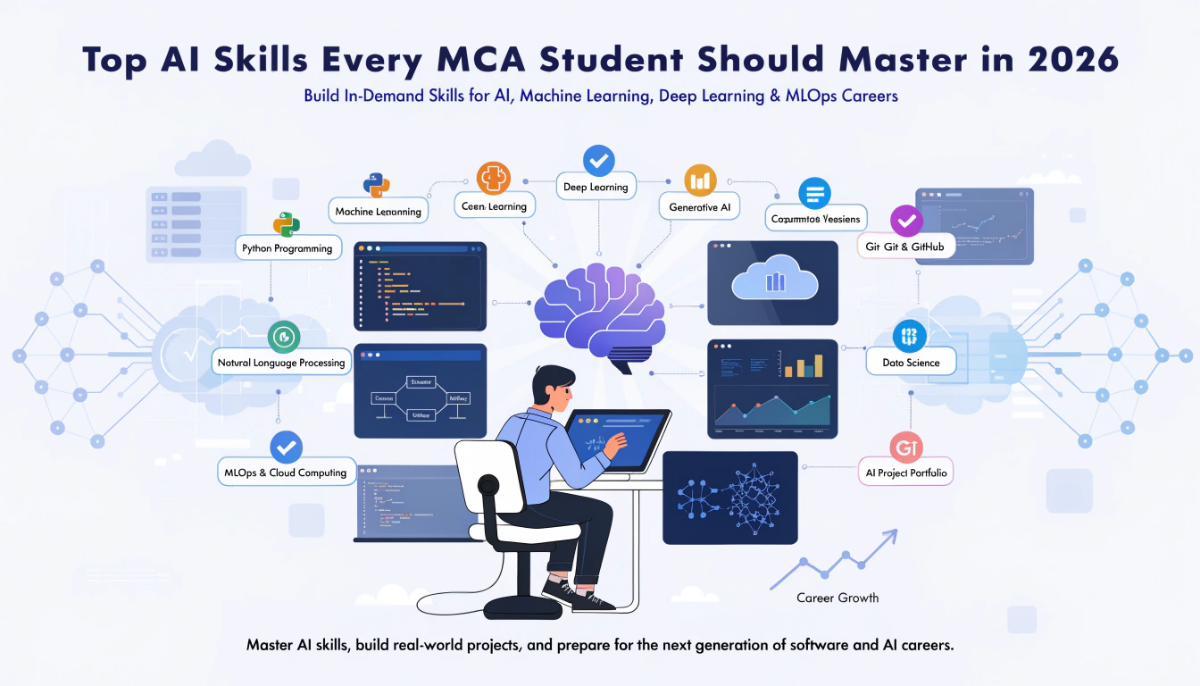 Featured illustration of an MCA student learning AI skills with Python, machine learning, deep learning, cloud computing, and MLOps through futuristic dashboards in a clean light-themed professional design.