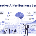 Featured illustration of a business leader using generative AI dashboards, enterprise analytics, workflow automation, and strategic decision-making in a modern light-themed corporate environment.