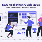 Featured illustration of four BCA students collaborating in a hackathon, coding, designing, presenting a prototype, and using modern development tools in a clean light-themed technology workspace.