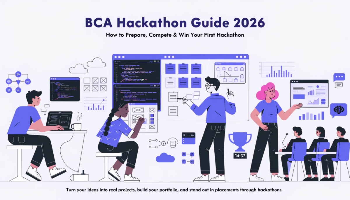 Featured illustration of four BCA students collaborating in a hackathon, coding, designing, presenting a prototype, and using modern development tools in a clean light-themed technology workspace.