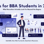 Featured illustration showing a BBA student surrounded by data analytics, digital marketing, finance, communication, leadership, and AI skills that recruiters value in 2026.