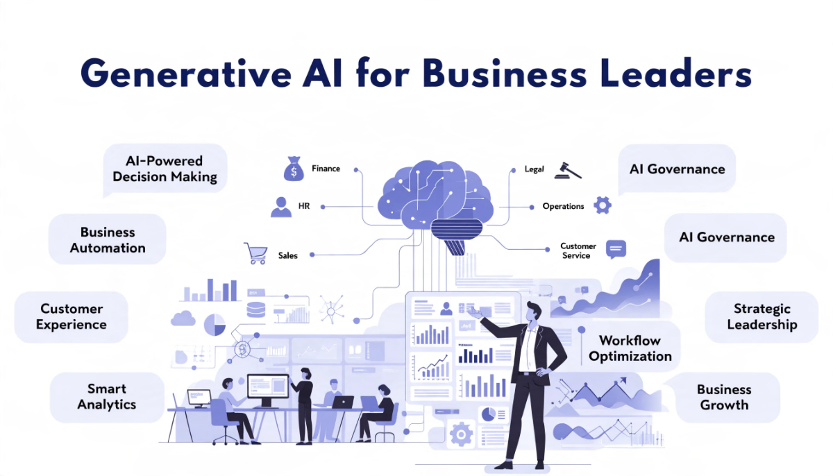 Featured illustration of a business leader using generative AI dashboards, enterprise analytics, workflow automation, and strategic decision-making in a modern light-themed corporate environment.