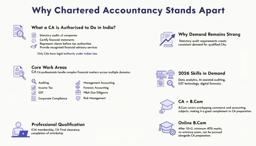 Infographic explaining CA professional authority, core work areas, demand, digital skills, and the benefits of combining B.Com with CA preparation in India.