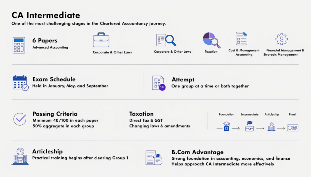 Infographic explaining CA Intermediate papers, exam schedule, passing criteria, taxation challenges, articleship, and the role of B.Com preparation.