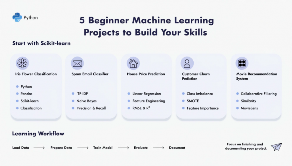 Beginner machine learning projects infographic featuring Iris classification, spam detection, house price prediction, customer churn prediction and movie recommendations.