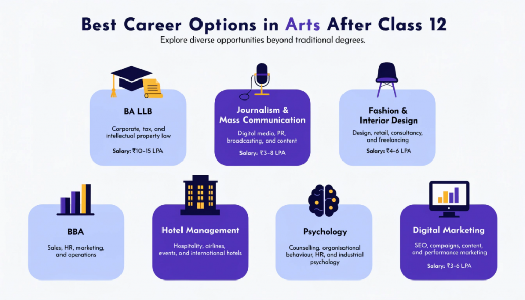 Infographic showing career options in arts after Class 12 including law, journalism, design, BBA, hospitality, psychology, and digital marketing.