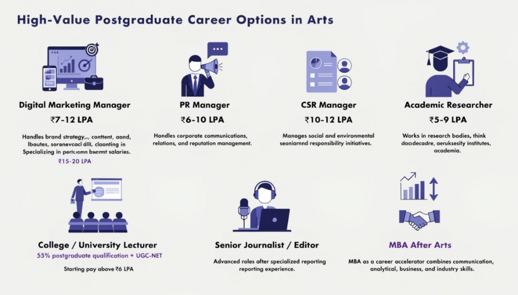 Infographic showing postgraduate career options in arts including digital marketing, PR, CSR, research, teaching, journalism, and MBA with salary potential.