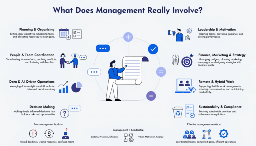 Modern infographic showing management as the coordination of people, resources, decision-making, leadership, technology and business operations.