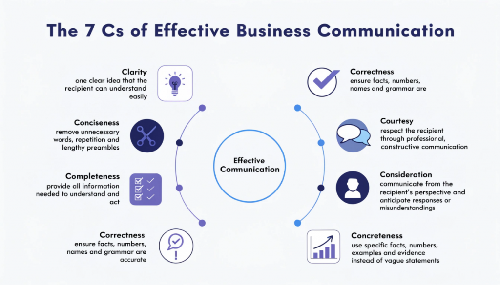 The 7 Cs of effective business communication: clarity, conciseness, completeness, correctness, courtesy, consideration and concreteness.