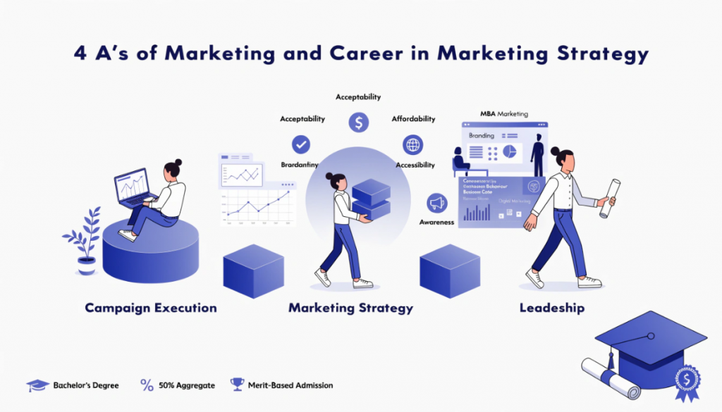 4 A's of marketing connected to an MBA marketing specialization and career progression from execution to strategy and leadership.