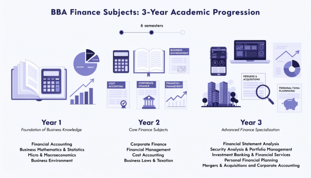 Three-year BBA Finance subjects progression from accounting and economics to corporate finance, investment management and advanced financial topics.