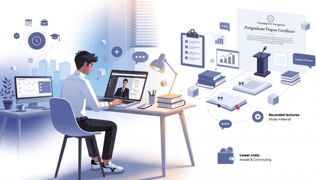 Working professional studying an online postgraduate degree with flexible learning, recorded lectures, affordable education, and a pathway toward an assistant professor career.