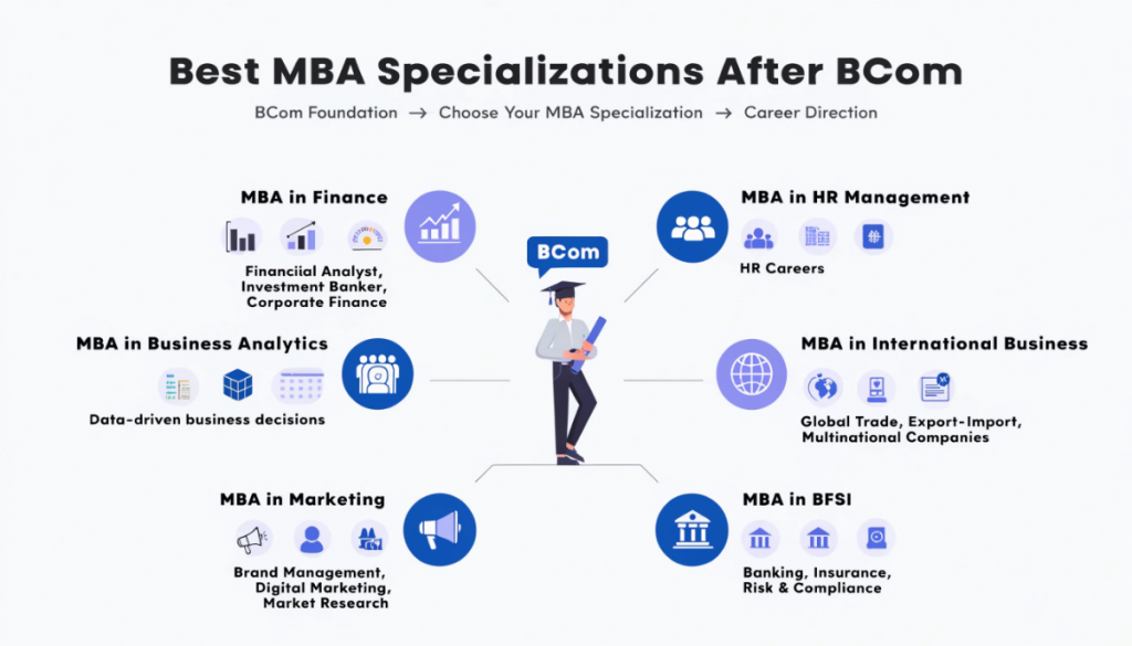 MBA specialization options after BCom including Finance, Business Analytics, Marketing, HR, International Business and BFSI.