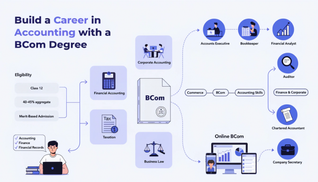BCom career pathway showing accounting fundamentals, online BCom eligibility and career opportunities in accounting, finance and corporate roles.