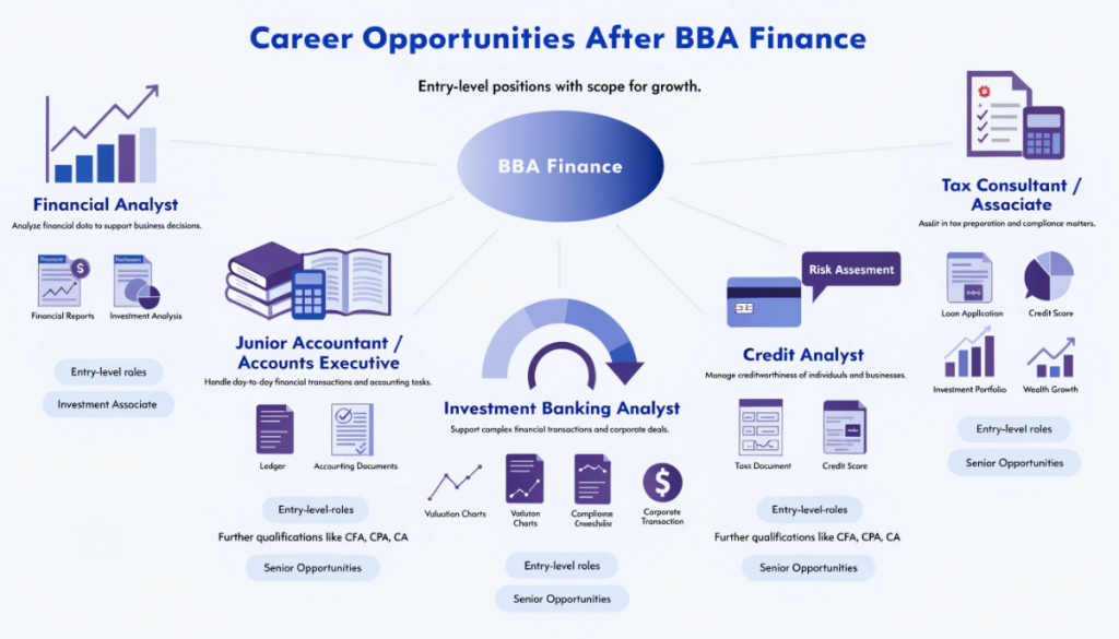 Career opportunities after BBA Finance including financial analyst, accountant, investment banking, tax, credit and wealth management roles.