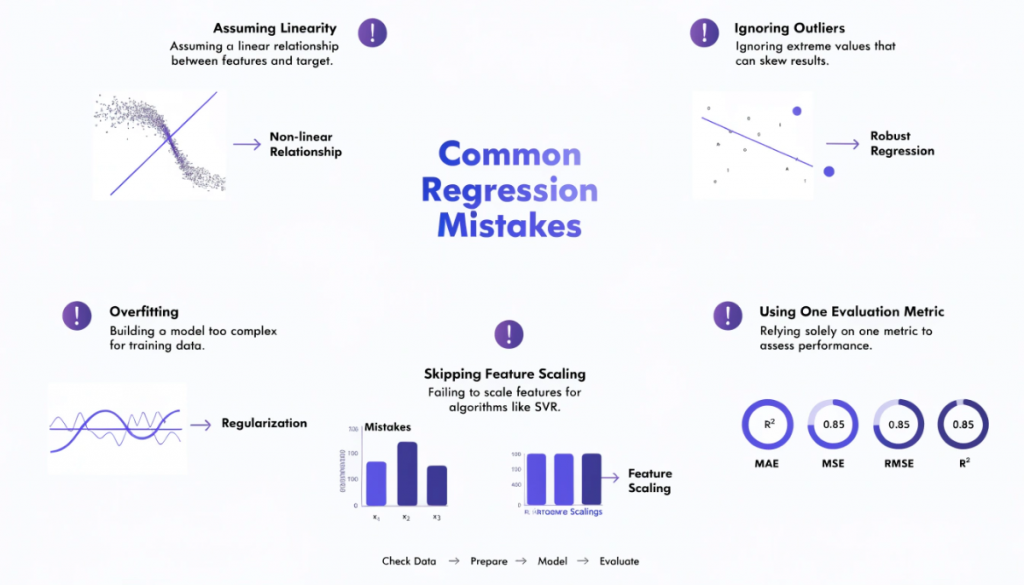 Common regression machine learning mistakes including assuming linearity, ignoring outliers, overfitting, skipping feature scaling and relying on one evaluation metric.