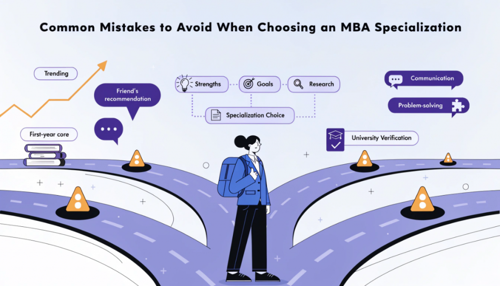 Common mistakes students should avoid when choosing an MBA specialization, including trend-based choices, peer influence and ignoring skills or university quality.