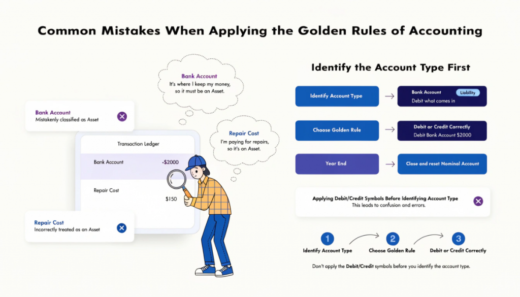 Common golden rules of accounting mistakes including account misclassification, confusing expenses with assets and applying rules before identifying the account type.