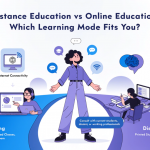 Distance education vs online education showing a student comparing traditional self-paced learning with digital online learning.