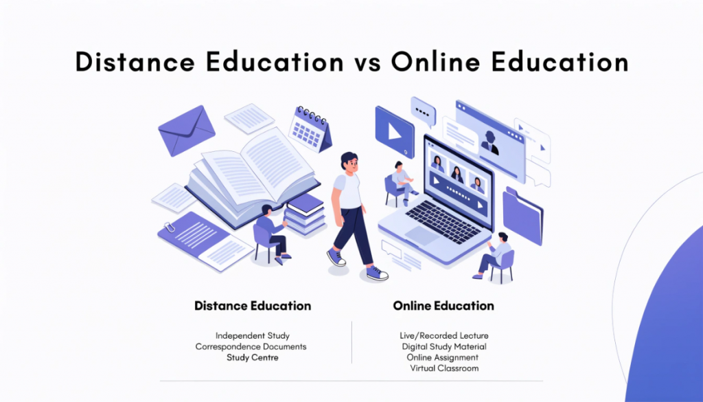 **Title:** Distance Education vs Online Education **Main Visual:** Create a premium educational hero visual comparing **Distance Education and Online Education** as two different learning modes. Show a modern student at the centre with two distinct learning paths: one representing traditional self-study and study materials, and the other representing a fully digital online learning experience. **Key Visual Elements:** * **Distance Education:** printed study material, correspondence documents, independent study and a nearby study centre * **Online Education:** laptop, live/recorded lecture, digital study material, online assignments and virtual classroom * Subtle contrast between **self-study with limited interaction** and **continuous digital interaction** * Modern learning management system interface elements on the online side * Clear visual separation between the two modes without making them look like competing products **Composition:** Use a balanced split-screen style with **Distance Education on the left** and **Online Education on the right**, connected through the central student. Keep the visual spacious and leave clean negative space for the blog title. **Style:** Light, modern and professional education design. Use **blue, purple and white** with subtle gradients, clean vector illustrations and refined semi-3D elements. Premium university-blog aesthetic with clear visual hierarchy. **Avoid:** No country flags, university logos, real-person photography, excessive text, crowded comparison tables, outdated-looking designs or heavy borders. **Format:** 16:9 landscape, high resolution, polished blog featured image. **Alt Text:** Distance education and online education comparison showing traditional self-study alongside digital learning.
